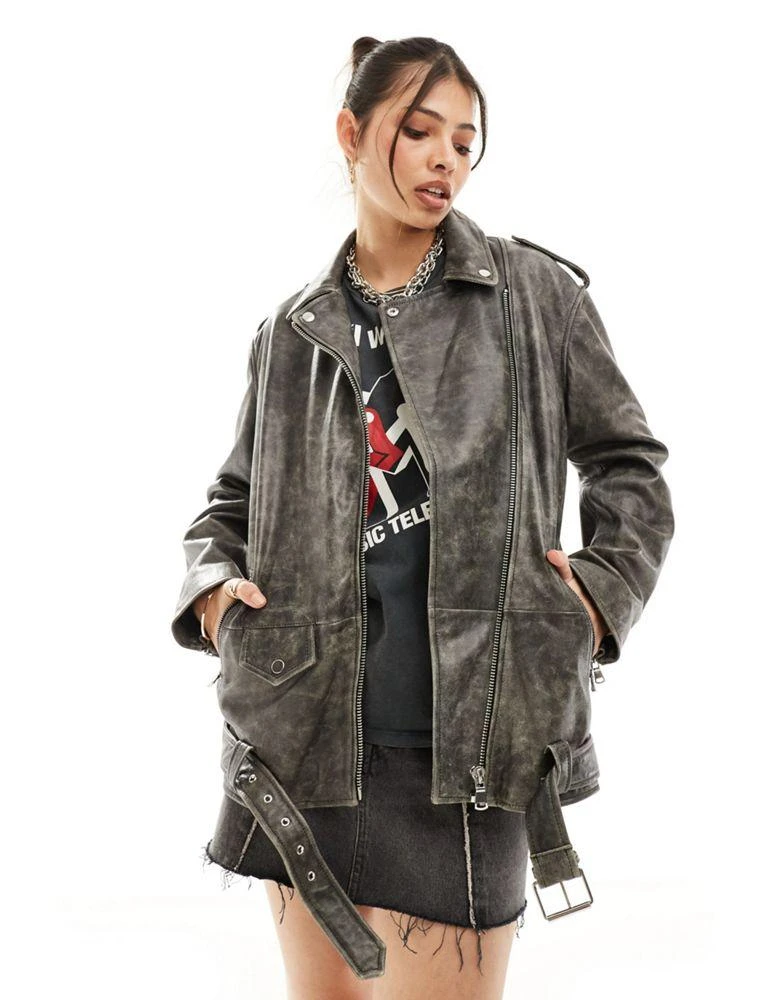 ASOS ASOS DESIGN washed distressed leather biker jacket  in black 1