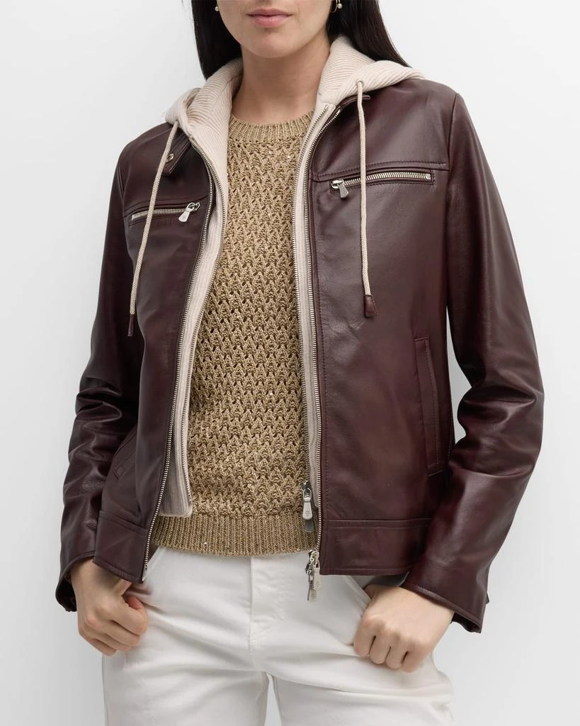 Eleventy Hooded Zip-Front Leather Biker Jacket 7