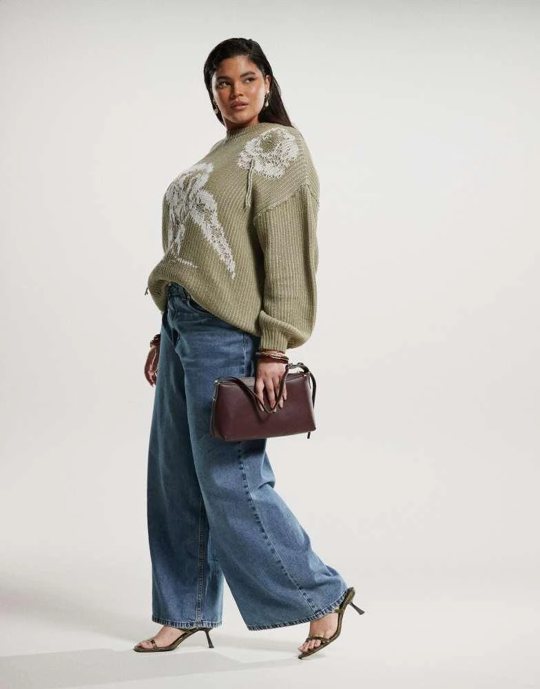 ASOS ASOS DESIGN Curve knitted rose printed oversized crew neck jumper in sage 2