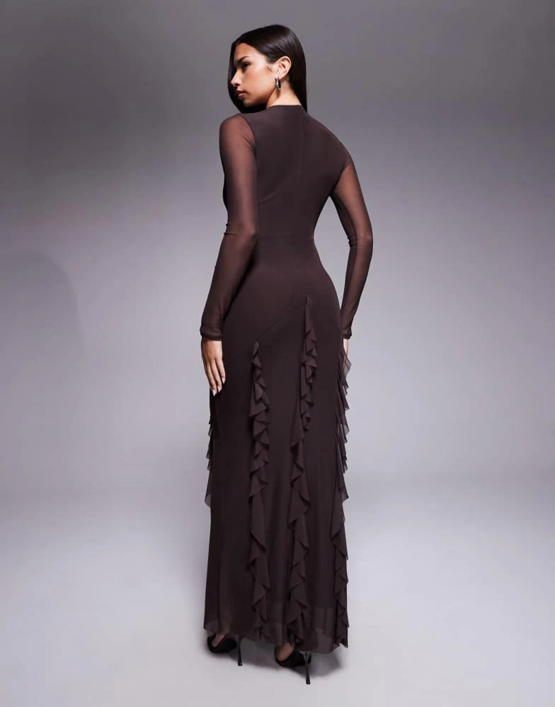 ASOS ASOS DESIGN mesh long sleeve maxi dress with waterfall ruffle skirt  detail in chocolate - Dresses & Skirts - Free Shipping - BeyondStyle