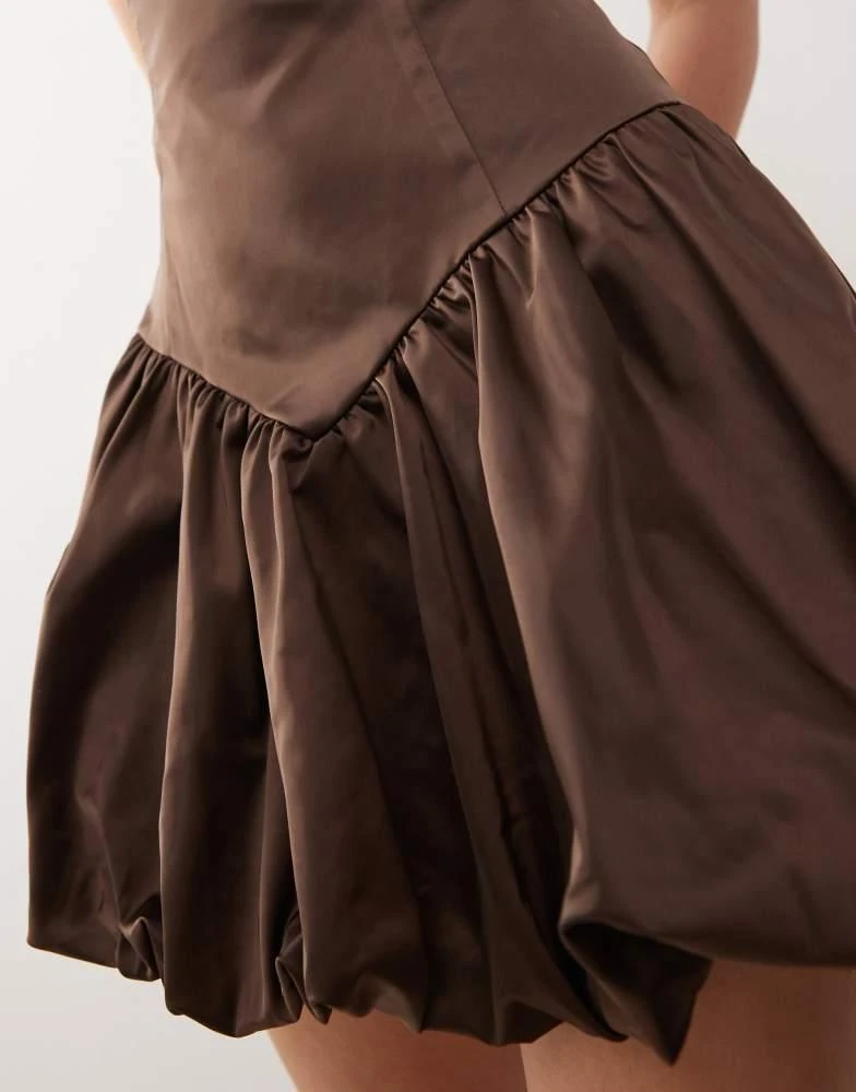 Lioness Lioness satin corset detail puffball mini dress in brown 3