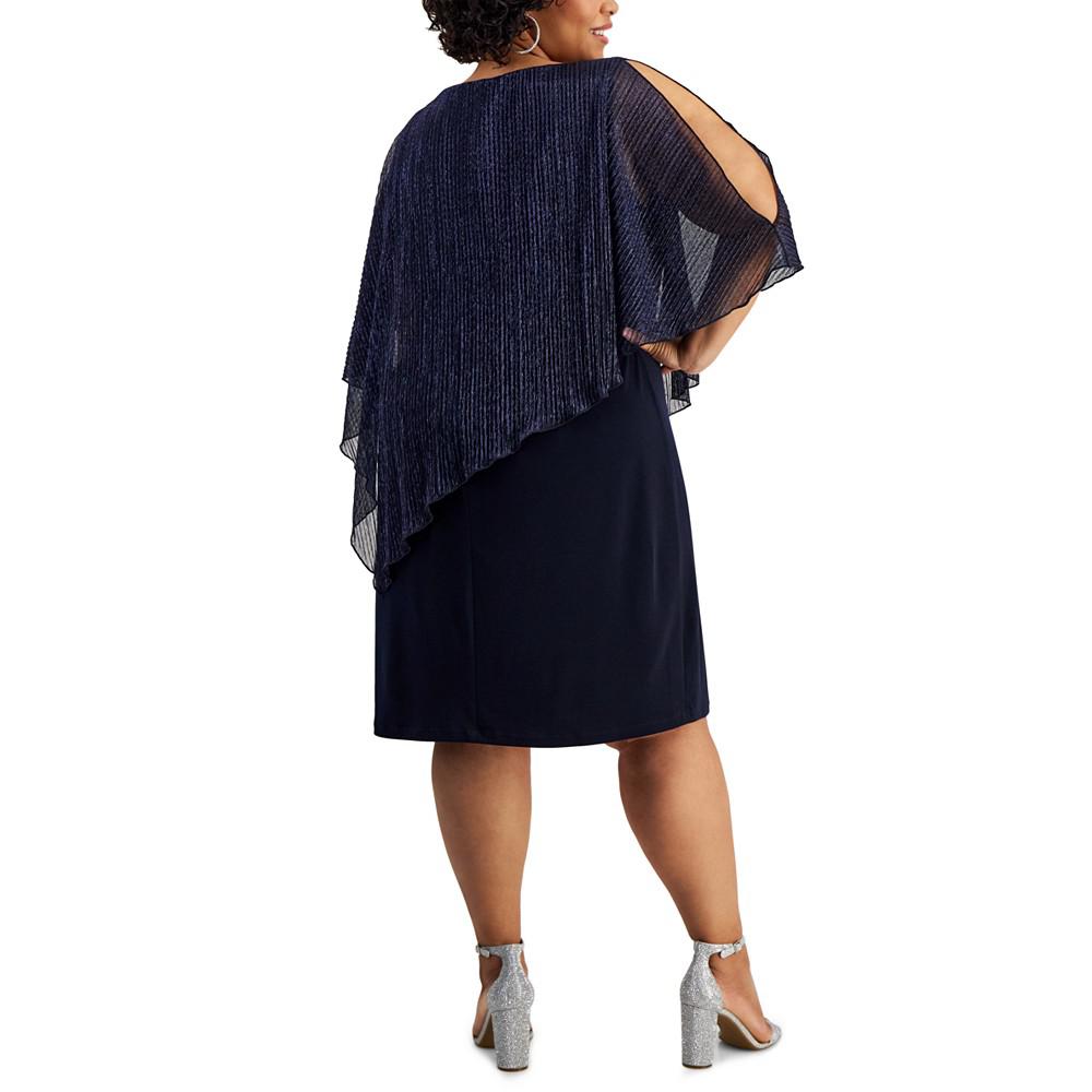 Connected Plus Size Pleated Metallic Cape Sheath Dress