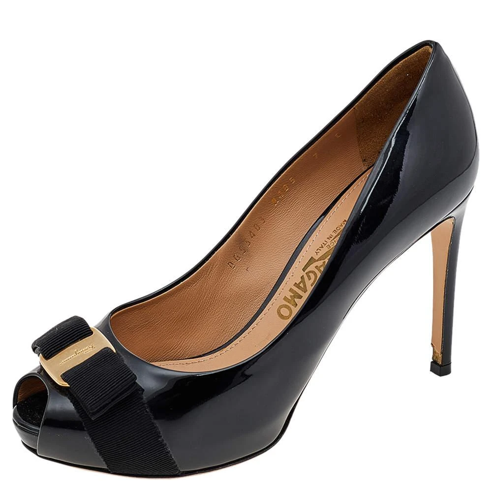 Salvatore Ferragamo Salvatore Ferragamo Black Patent Leather Vara Bow Peep Toe Pumps Size 41 1