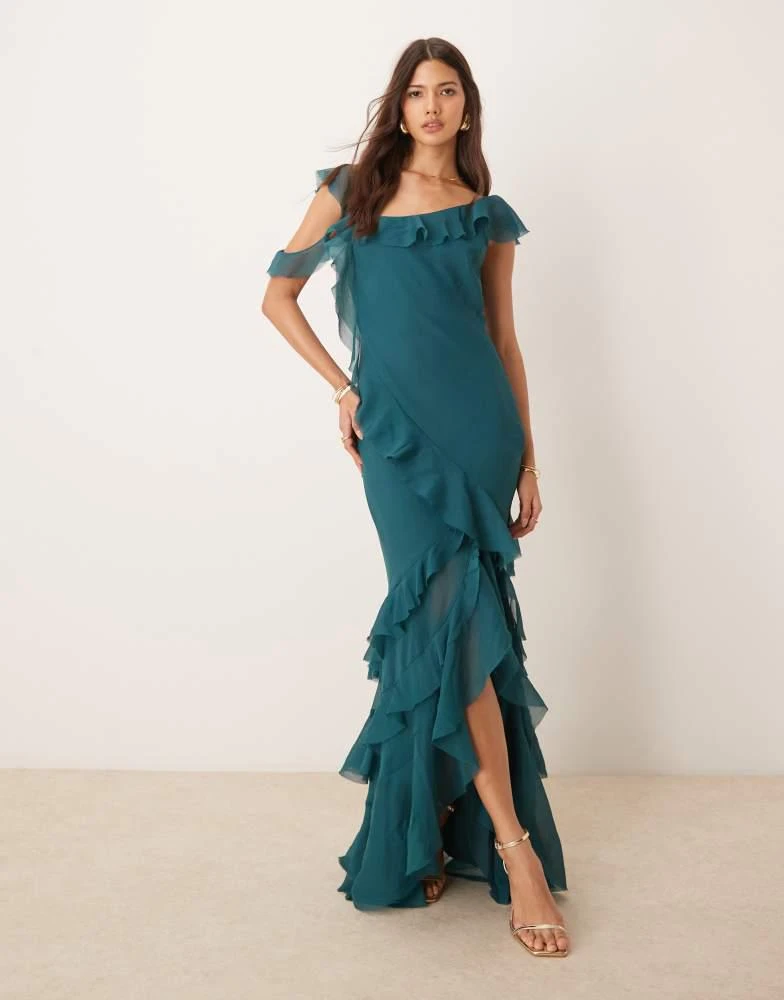 ASOS ASOS DESIGN asymmetric shoulder bias cut maxi dress with ruffle details in pine green 3