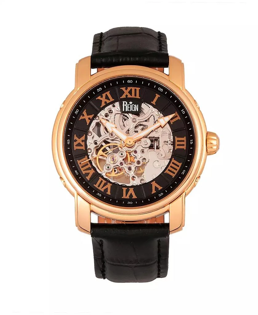 Reign Kahn Automatic Skeleton Rose Gold Case, Genuine Black Leather Watch 45mm 1