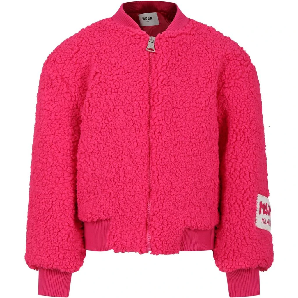 MSGM Fuchsia Faux Fur Coat For Girl With Logo 1