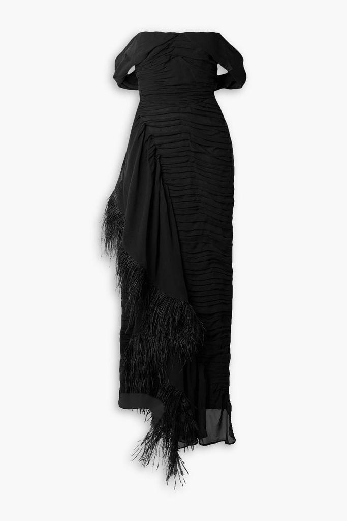 Sandra Mansour Water Body off-the-shoulder feather-trimmed silk-blend georgette maxi dress