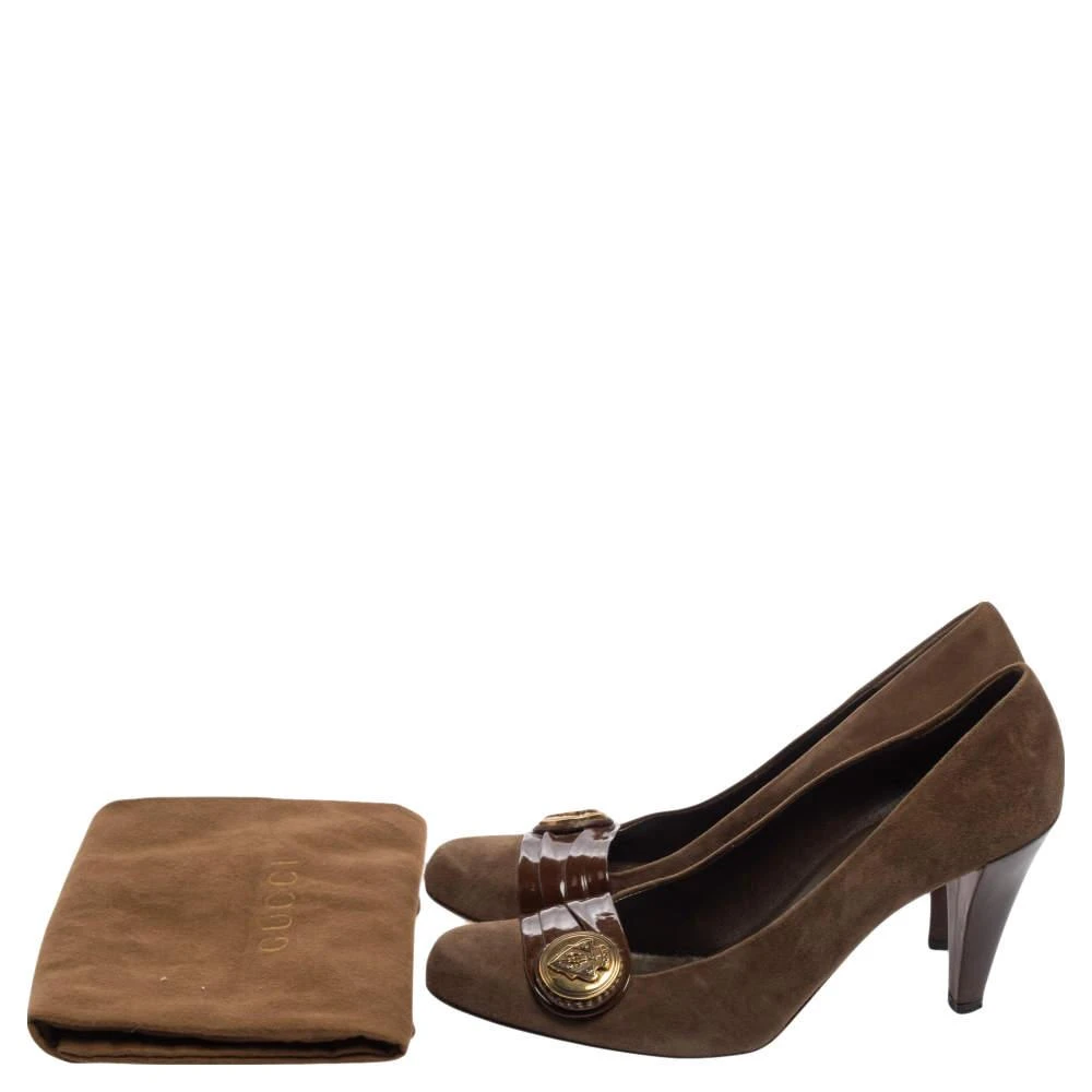 Gucci Gucci Brown Suede And Pleated Patent Leather Logo Buckle Pumps Size 38.5 8