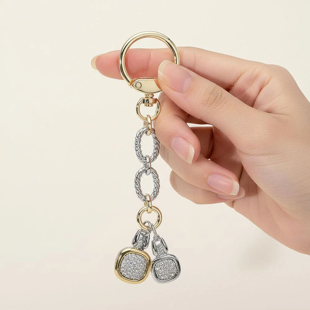 FASHNZFAB 14K Gold Plated Double CZ Pave Square Charm Drop Keychain Bag Charm