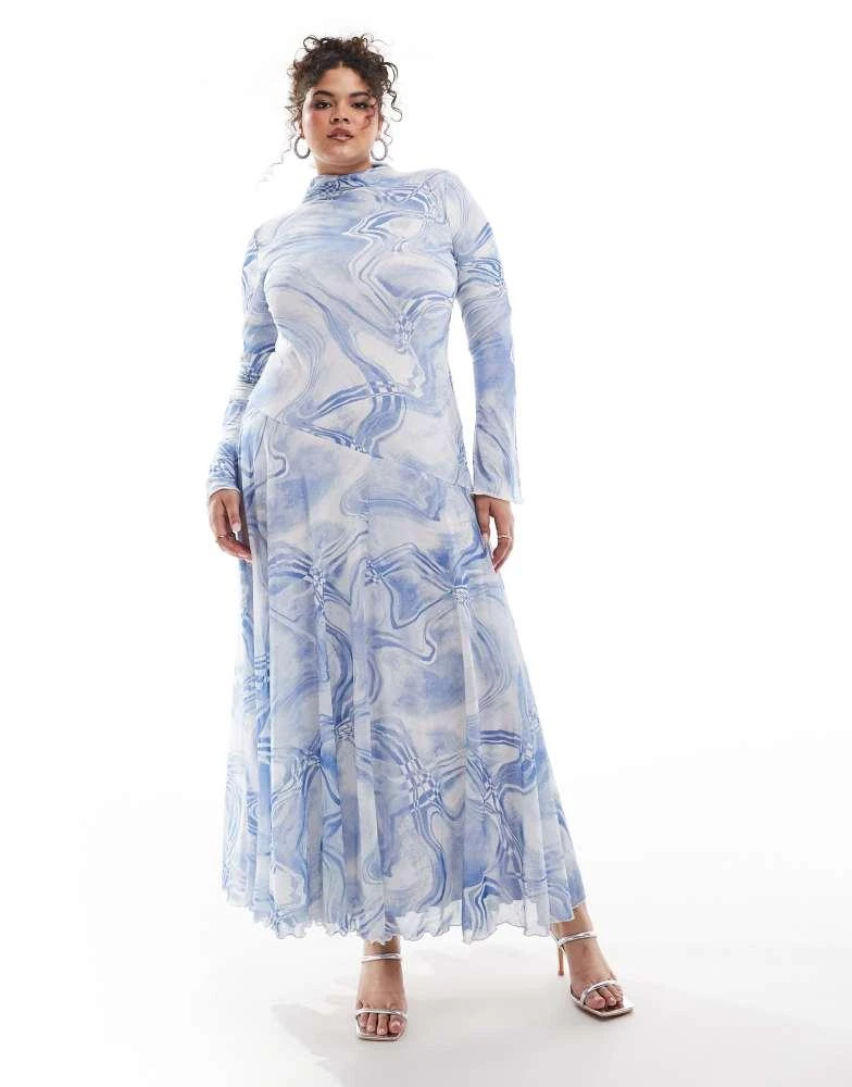 ASOS ASOS DESIGN Curve mesh high neck long sleeve a-line maxi dress in blue abstract print 1