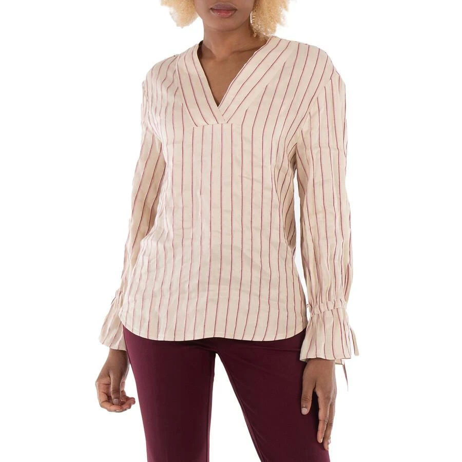 Benjamin Benmoyal Ladies Beige Stiped Linen V Collar Shirt