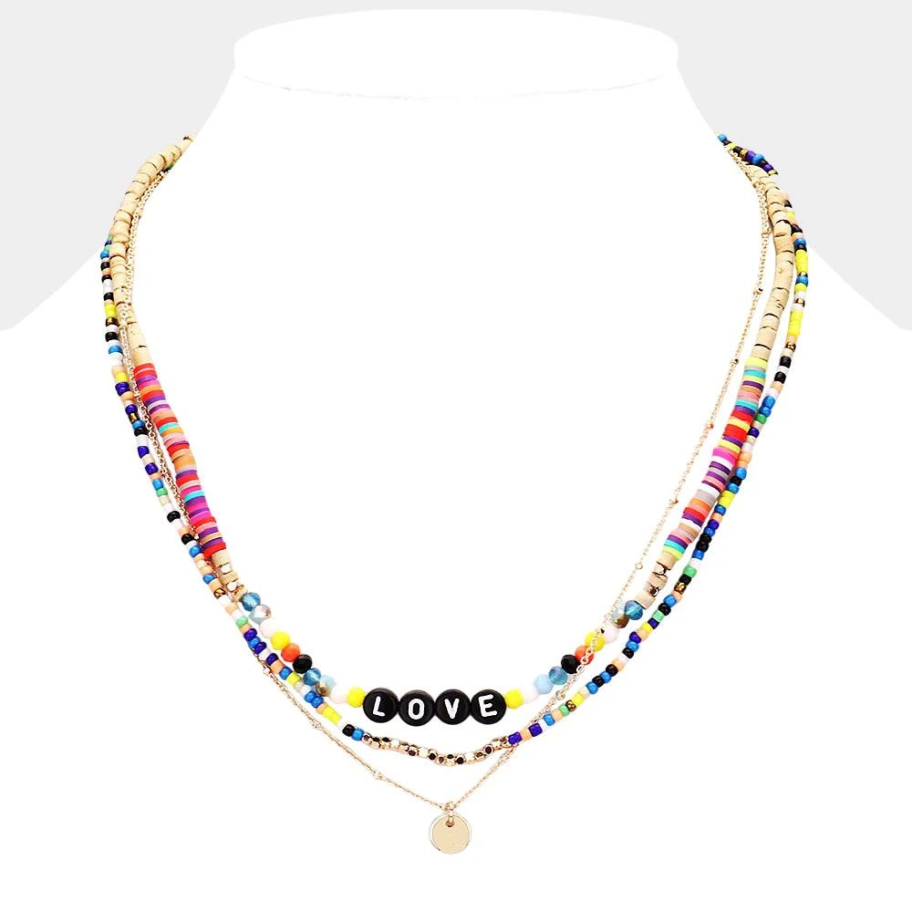 FASHNZFAB Multi Color Bead Statement Love Layered Necklace