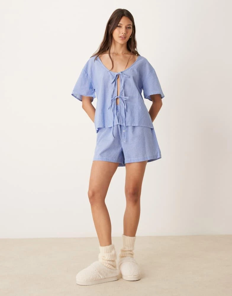 Luna Luna short sleeve tie front top pyjama co ord in blue gingham 3