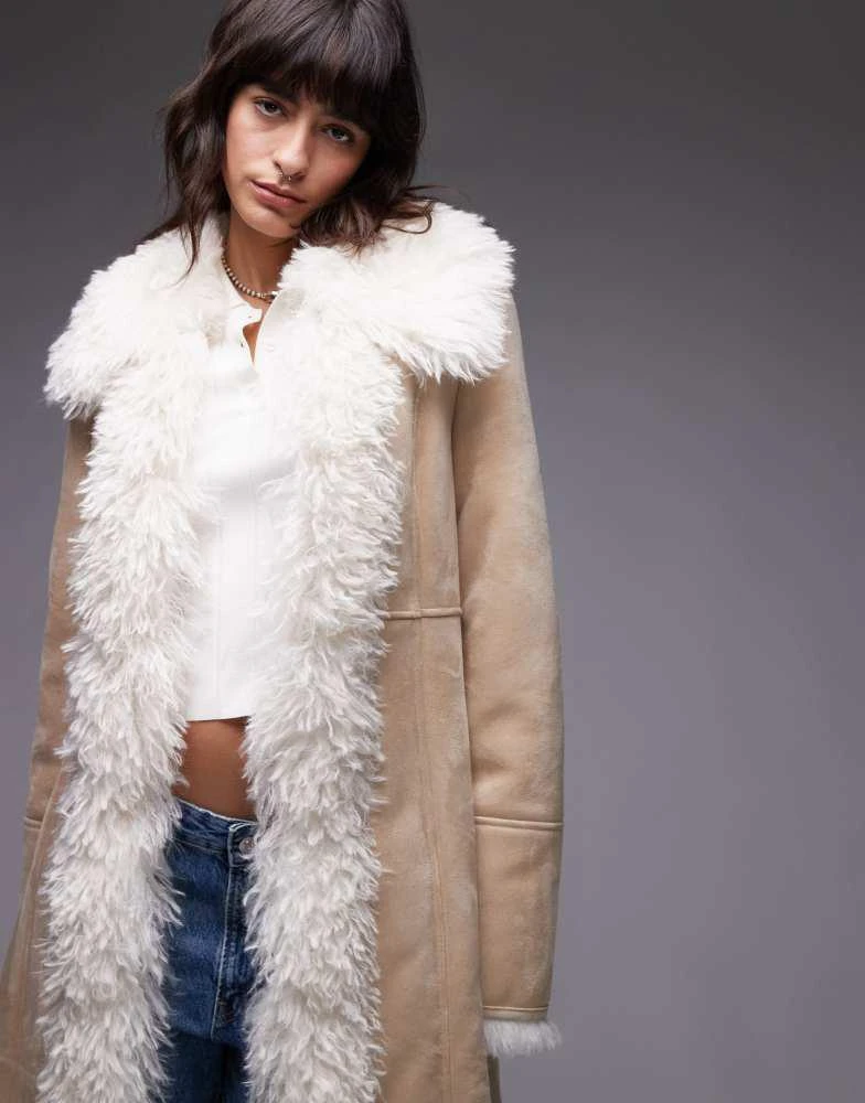 Mango Mango borg lined longline coat in tan 2