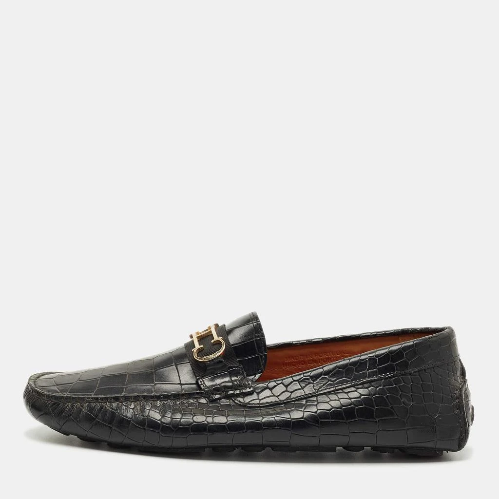 CH Carolina Herrera Black Croc Embossed Leather Slip On  display picture 3