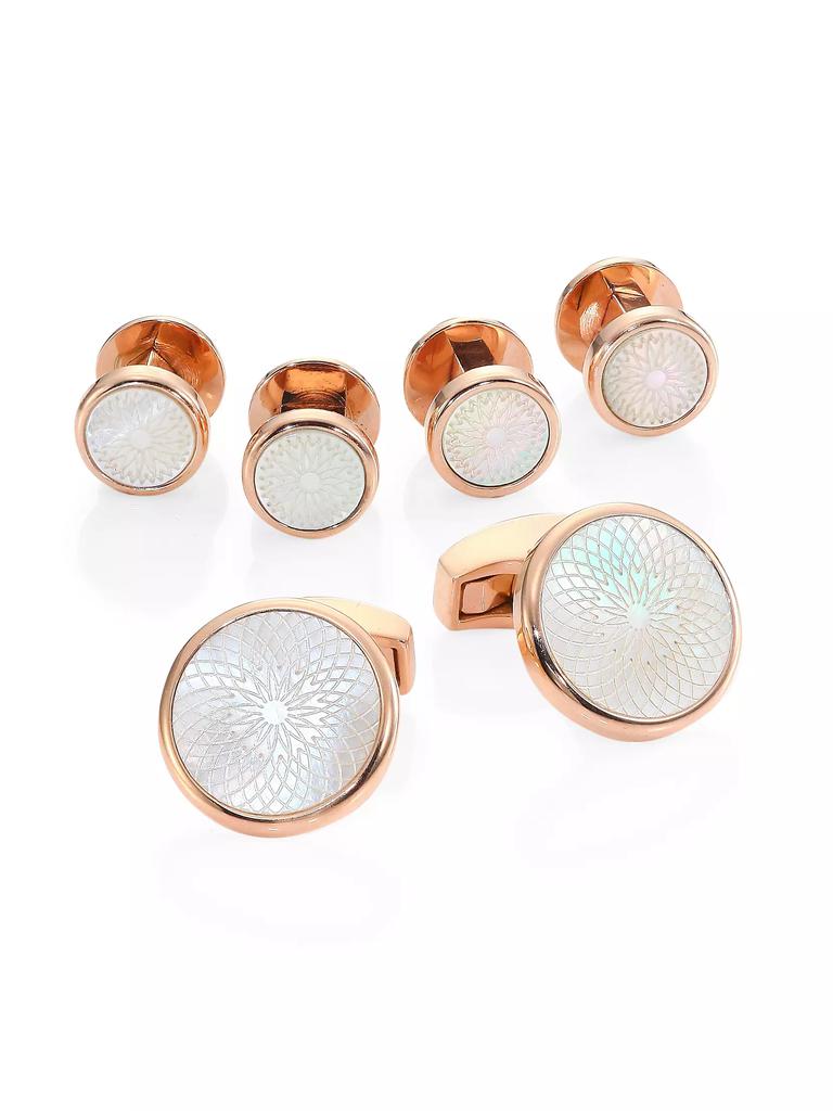 Tateossian Rotondo Guilloche Mother-of-Pearl Rose Goldplated Cufflinks & Shirt Studs Set