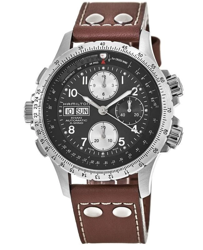Hamilton Hamilton Khaki Aviation X-Wind Auto Chrono Black Dial Leather Strap Men's Watch H77616533 1