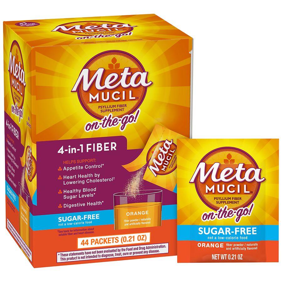 Metamucil On-The-Go, Daily Psyllium Husk Powder Supplement, Sugar-Free Powder Orange