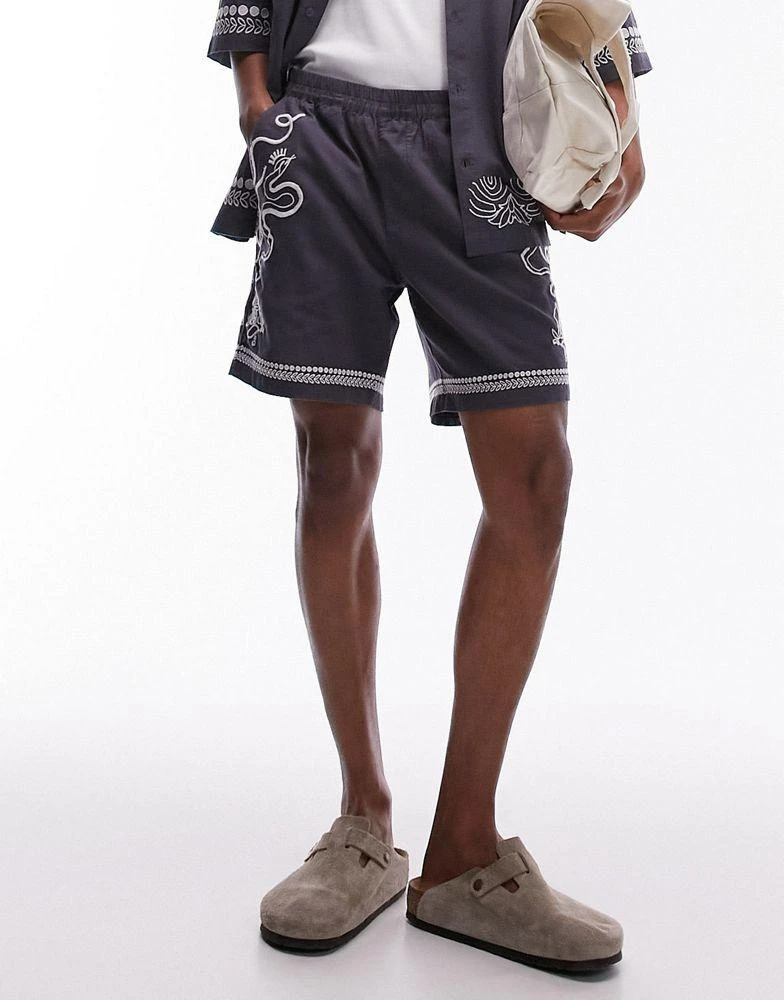 Topman Topman side embroidered linen mix co-ord shorts in navy 4