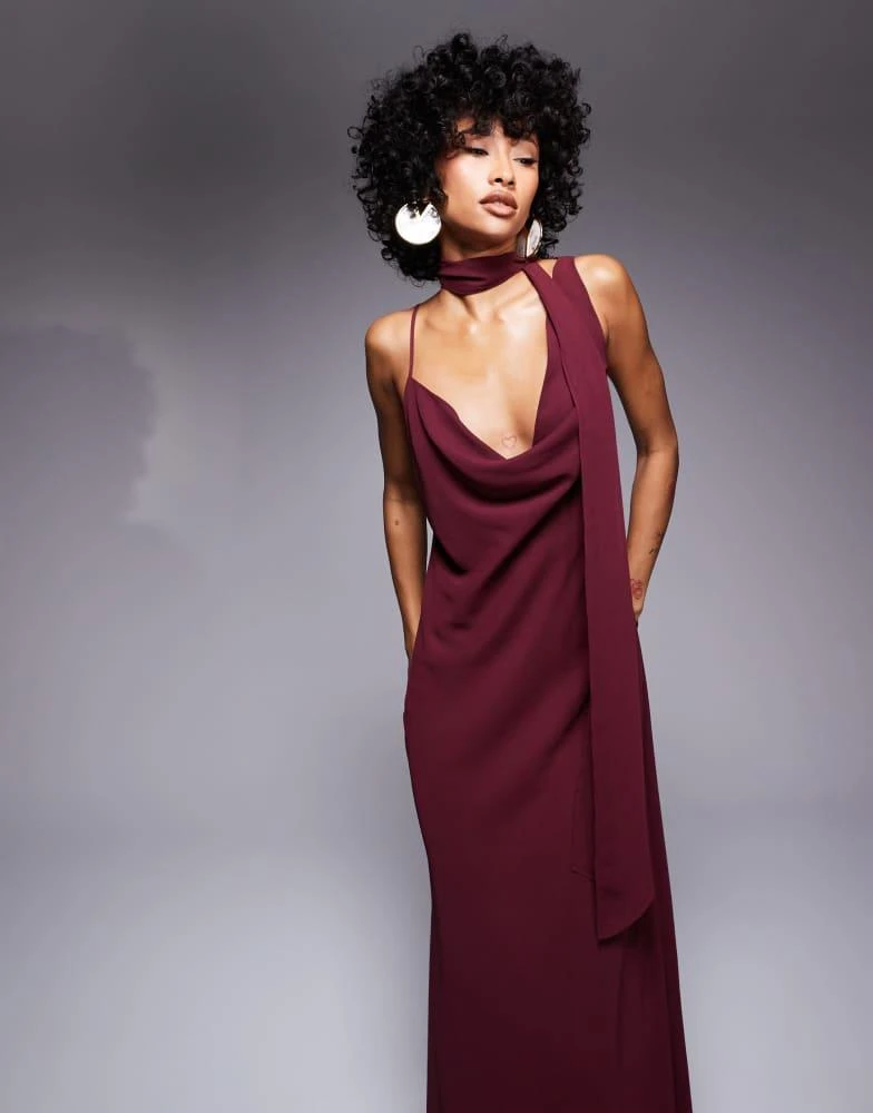 ASOS ASOS DESIGN chiffon cowl maxi dress with scarf detail in burgundy 3