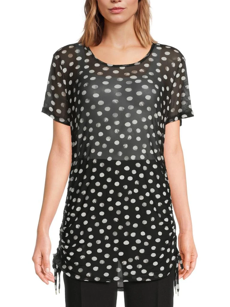 BCBG Polka-Dot Side-Ruch Mesh Top