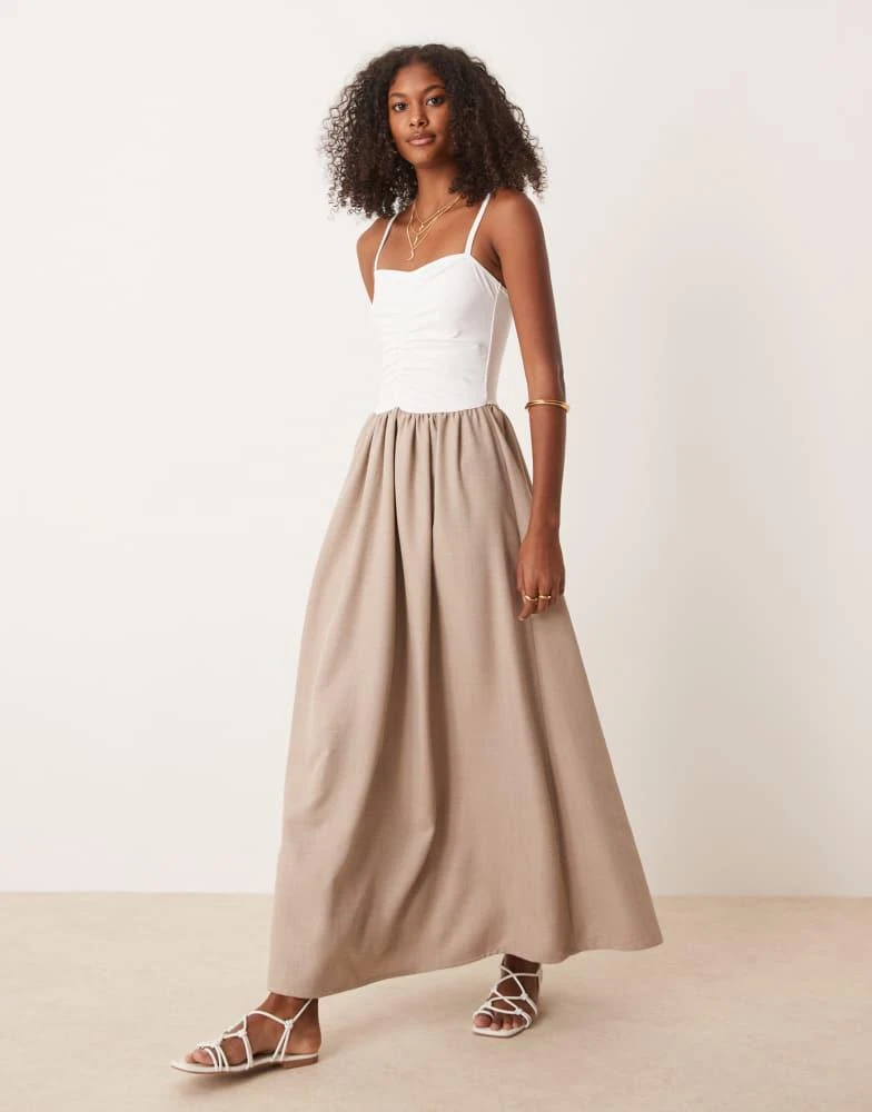 ASOS Design hybrid dropped waist ruched top maxi dress in neutral