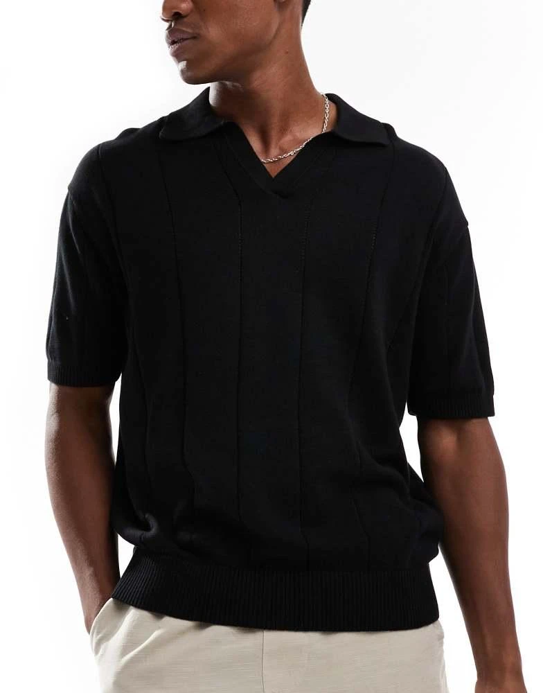 Bershka Bershka textured knitted polo shirt in black 1