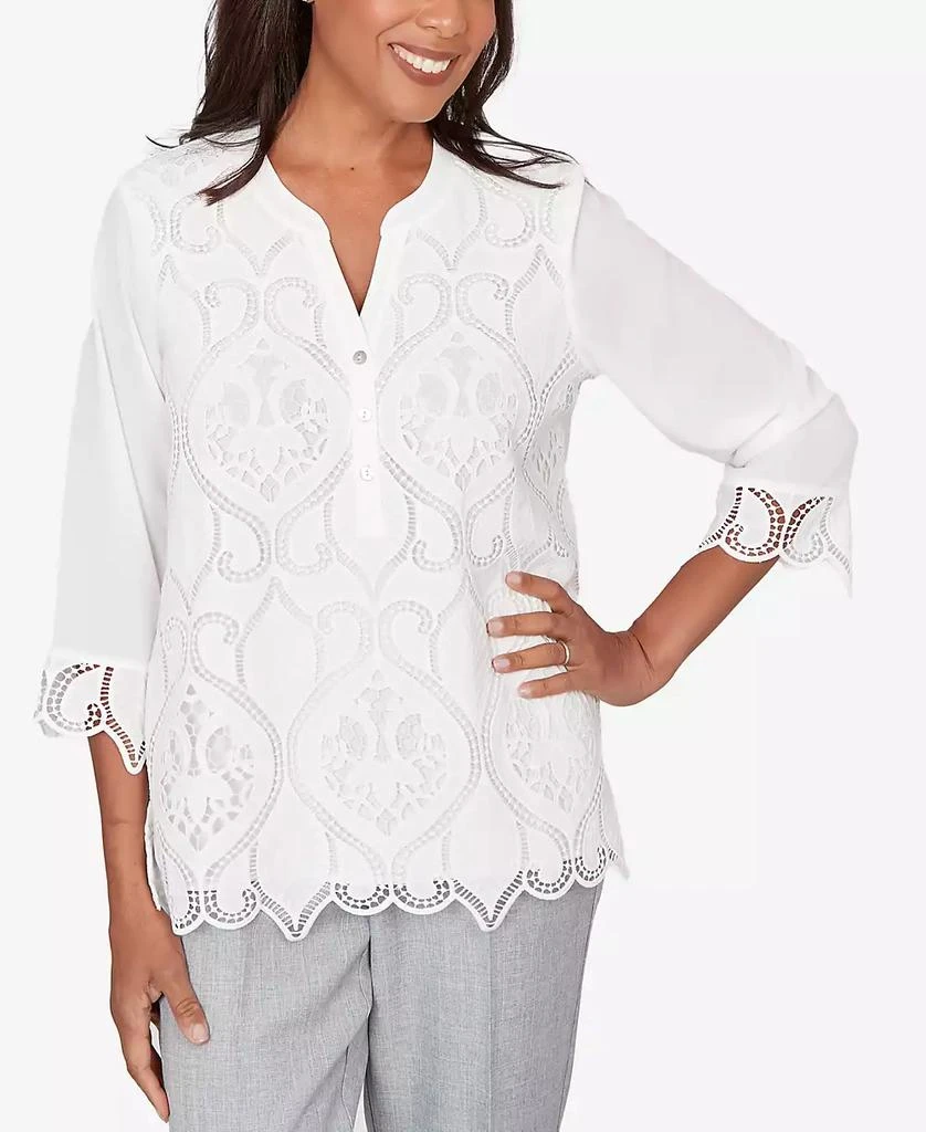 Alfred Dunner Women
s  Al Fresco Lace Cut Out Front Henley Top