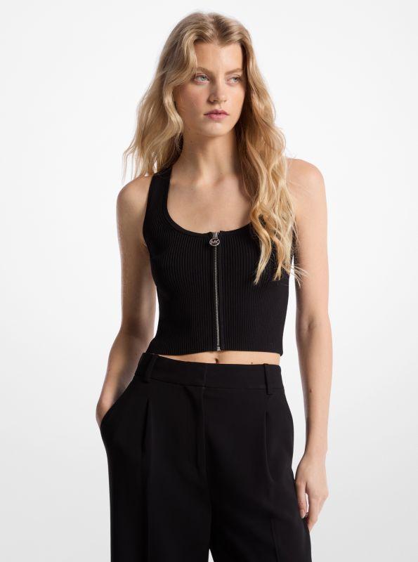 Michael Kors Ribbed Viscose Blend Zip-Up Tank Top