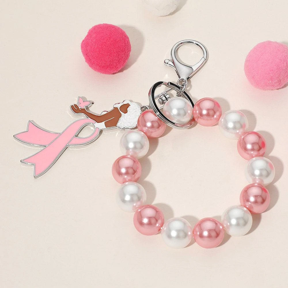 FASHNZFAB Pink Ribbon Afro Girl Pearl Stretch Keychain / Bracelet