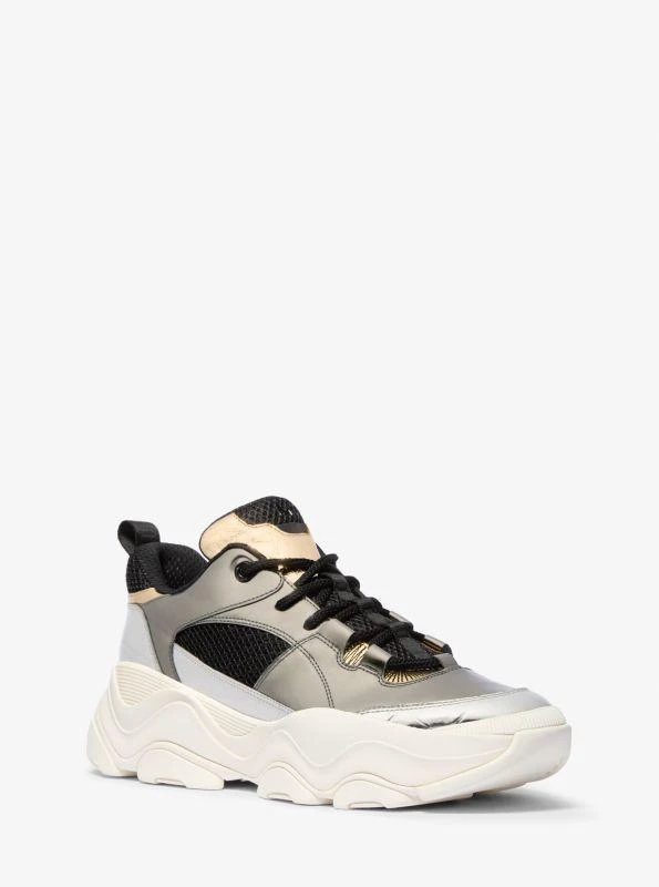 Michael Kors Atlas Color-Block Metallic Leather and Stretch Knit Trainer 1