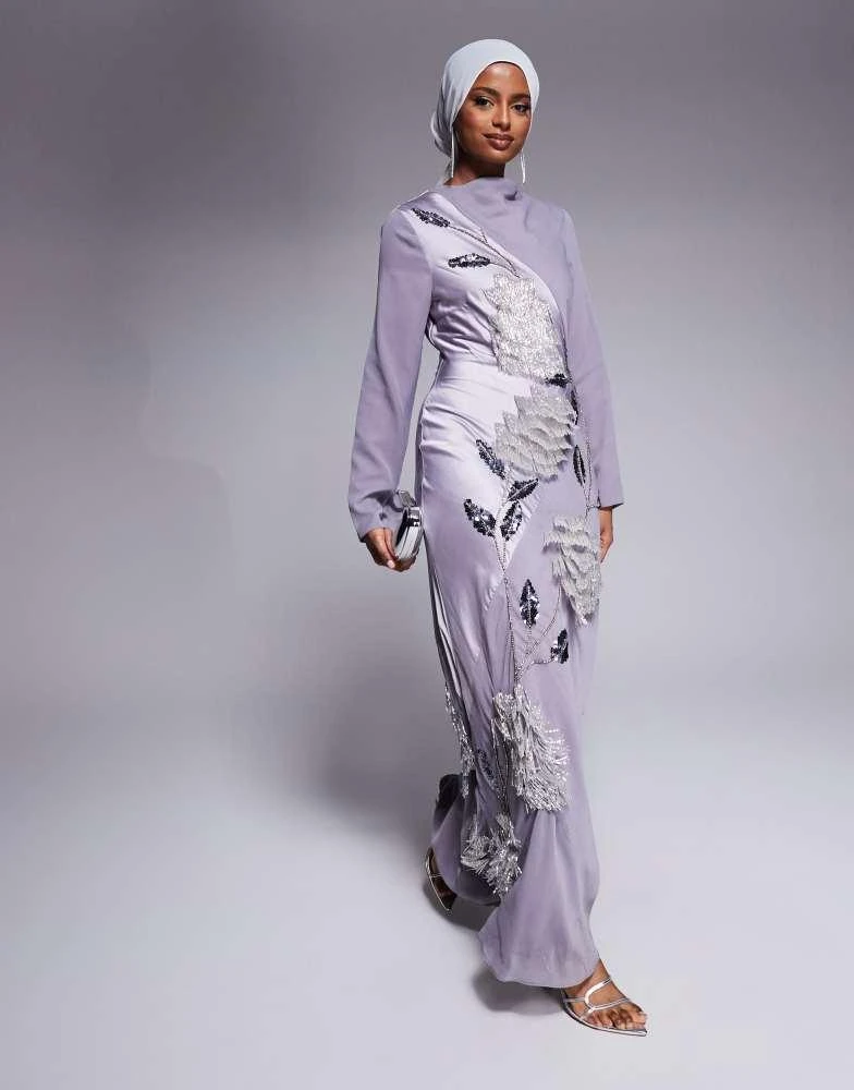 strapless open back dress Rent Asos Design Satin Flutter Sleeve V-Neck Maxi Dress With Tier Hem In  Lilac Paisley Print main image 0