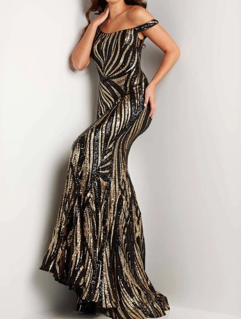 slim fit dress slacks Jovani 43623 White/Gold Sequin Gown with Open Back main image 0