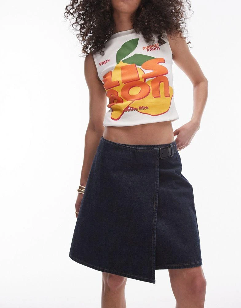 Topshop Topshop denim knee length wrap skirt with buckle in smokey blue 5
