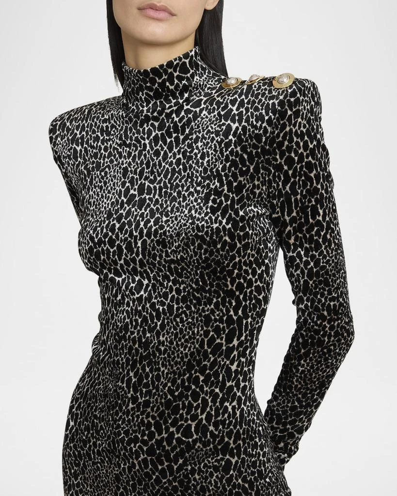Balmain Leopard Velvet Button Strong-Shoulder Mini Dress 5