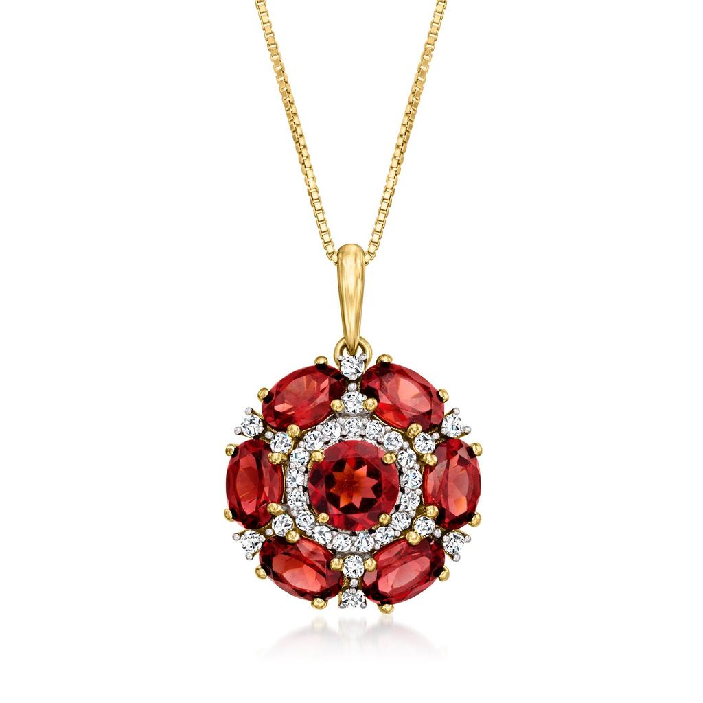 Ross-Simons Garnet and . Diamond Floral Pendant Necklace in 18kt Gold Over Sterling