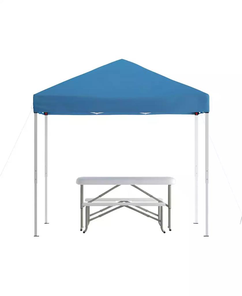 EMMA+OLIVER Portable Tailgate, Camping Or Event Set With White Pop Up Event Canopy Tent With Carry Bag And Folding Table With Benches Set