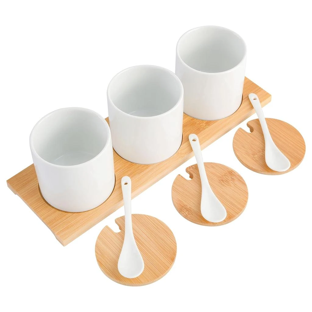 Gibson Gracious Dining 10 Piece Fine Ceramic Condiment Jars with Bamboo Lids and Spoons in White 2