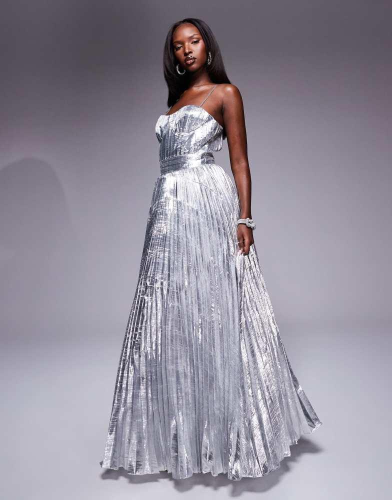新品Tie.me doublezip pleated onepiece GRAY Eliza J Metallic Pleated One-Shoulder Maxi Dress - Dresses