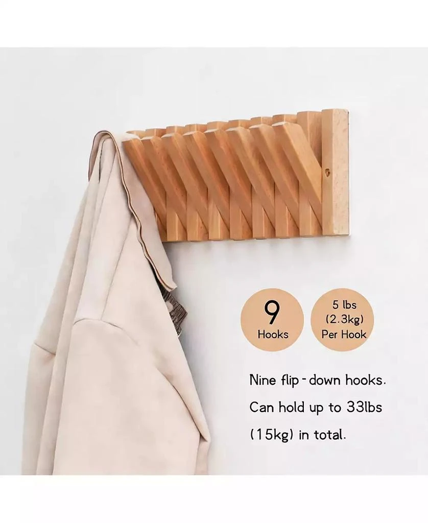YIGII Solid Wood 9-Hook Retractable Coat Rack for Entryways 4