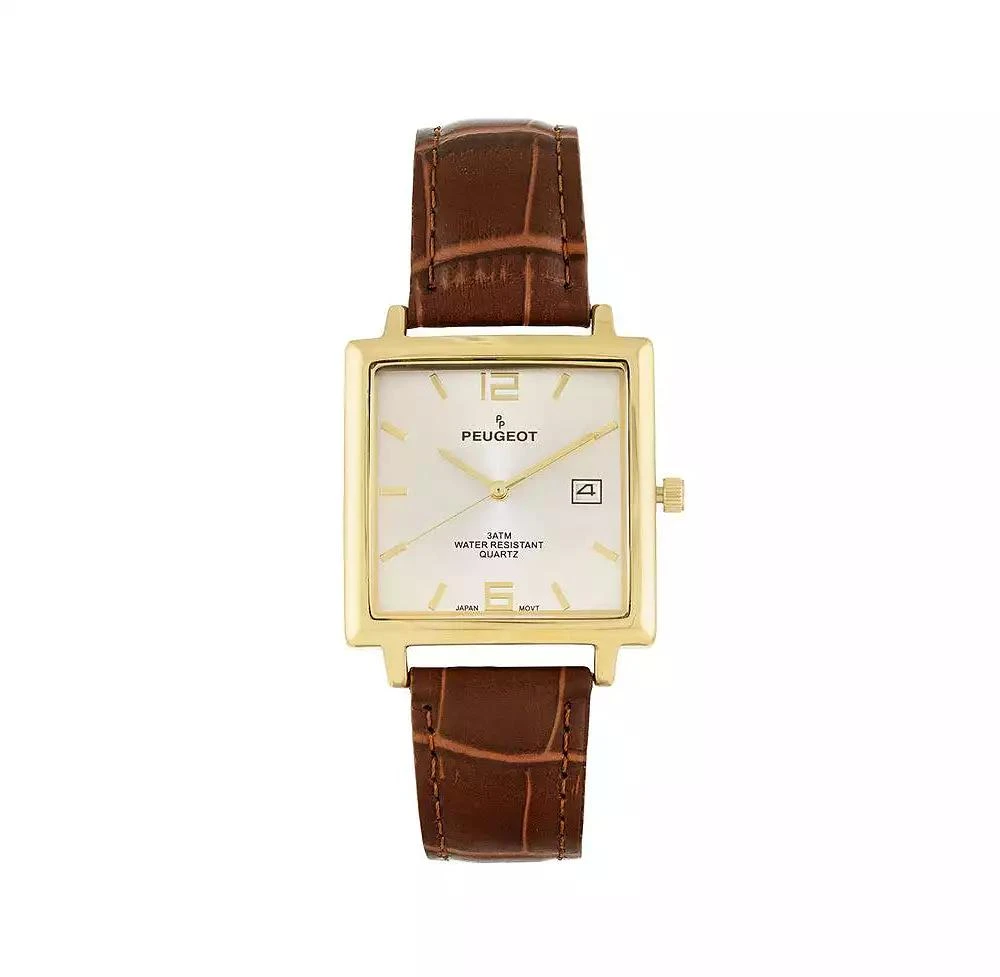 Peugeot Men's 35mm 14K Gold Plated Square Watch with Brown leather Strap 1
