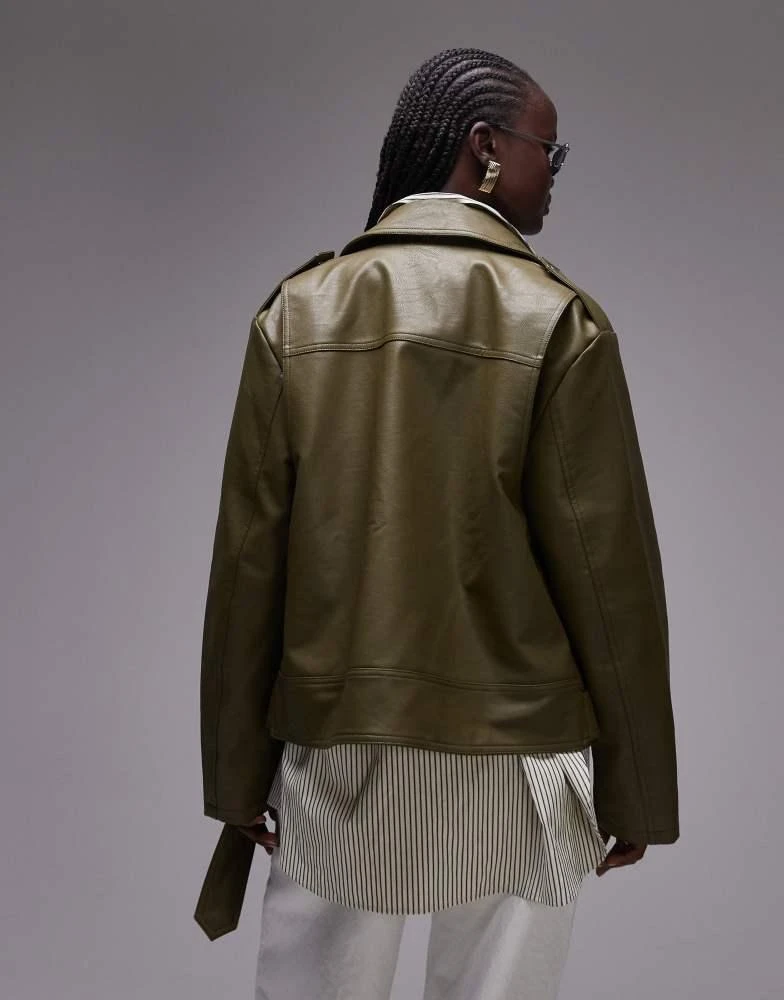 Topshop Topshop faux leather biker jacket in green 4