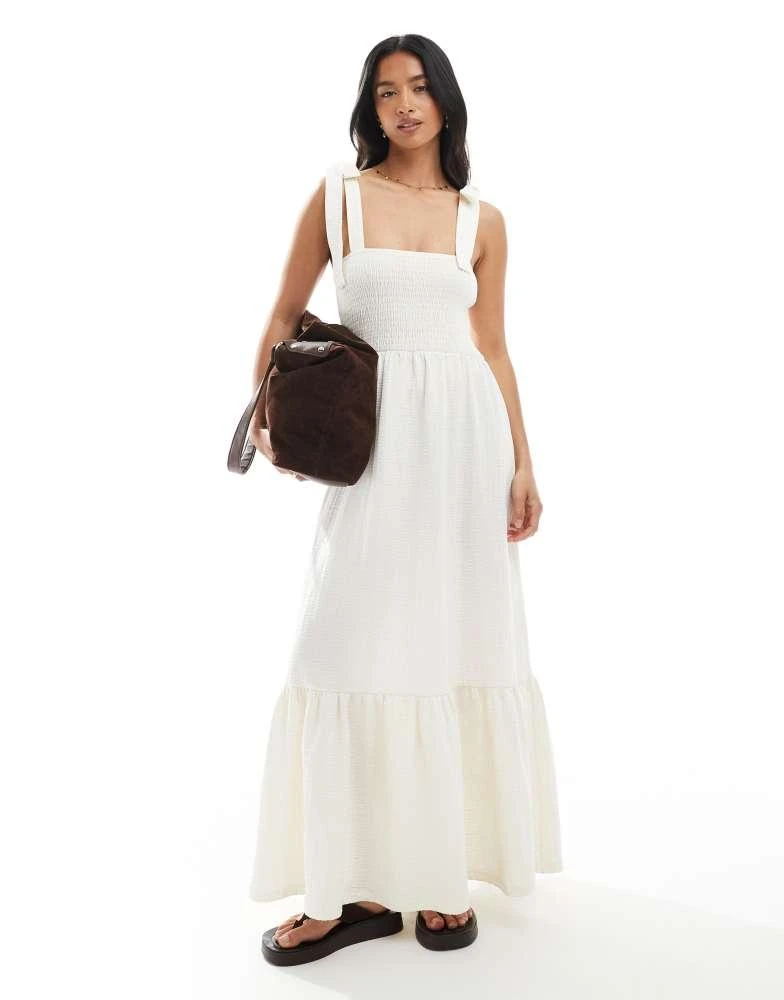 Miss Selfridge Miss Selfridge Petite seersucker tie shoulder tiered maxi dress in vanilla 1