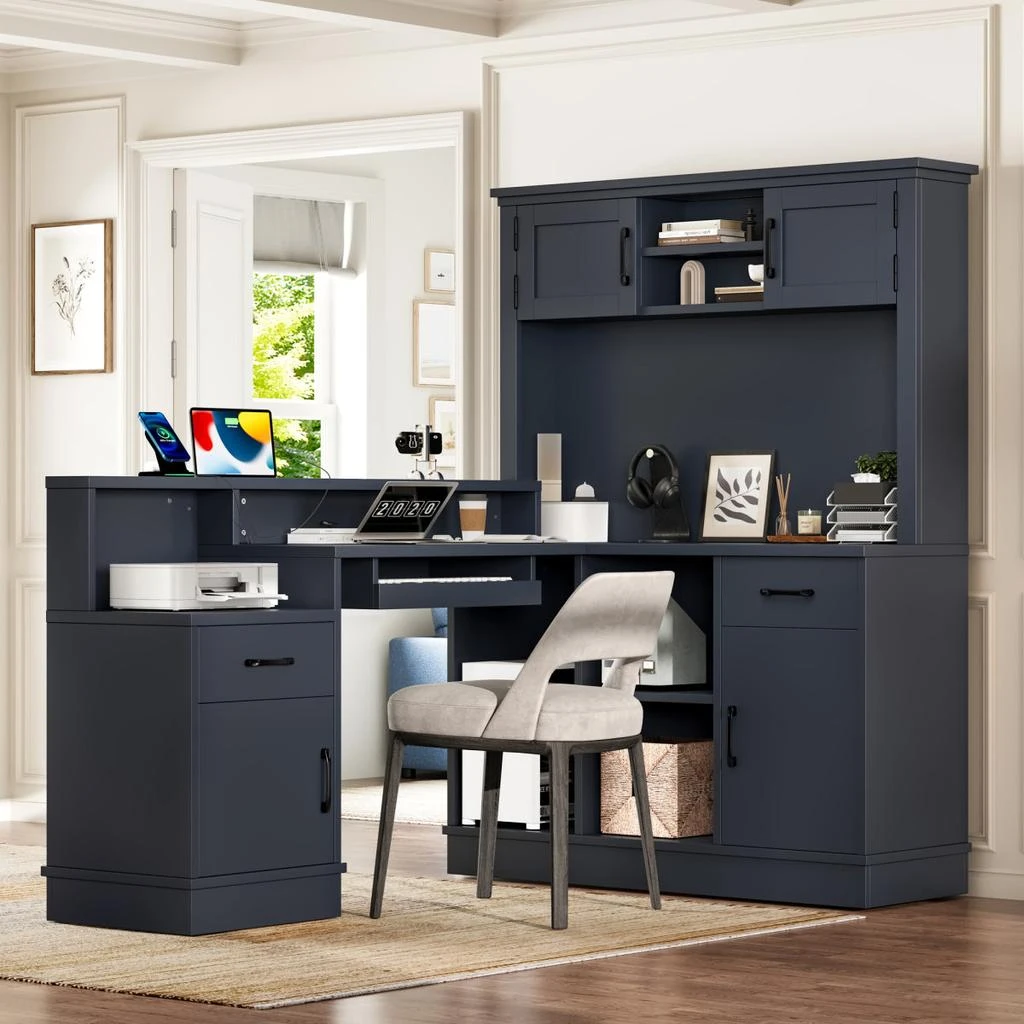 Streamdale Furniture Streamdale L-Shaped Computer Desk with Outlet, Drawers, Bookshelf, Blue
