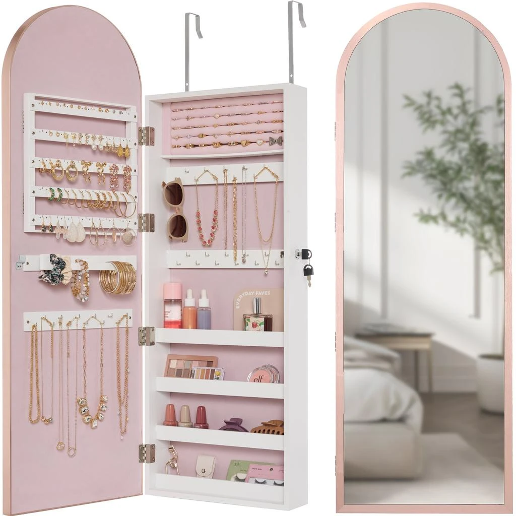 Best Choice Products Door/Wall Mounted Arch Mirror Jewelry Armoire, w/ Metal Frame, Lockable Door - Rose Gold 1