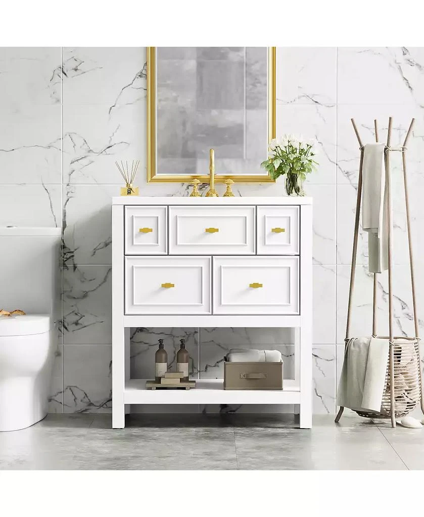 CASAINC 30-Inch Bathroom Vanity with Ceramic Sink Combo, Freestanding Single Vanity, 5 Drawers 
Solid Wood Storage 10