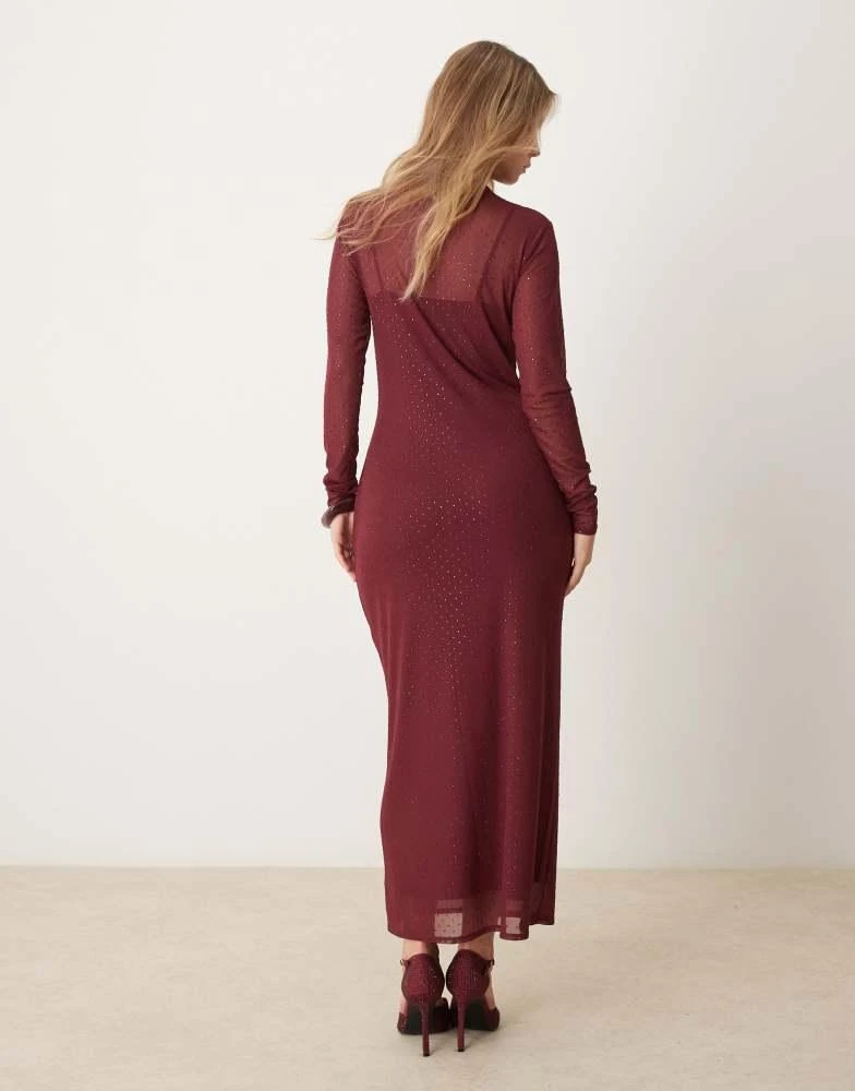Abercrombie & Fitch Abercrombie & Fitch long sleeve rhinestone mesh midi dress in burgundy 3