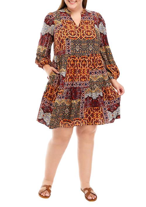 Jessica Howard Howard Plus Size Long Sleeve Split Neck Patchwork Dress