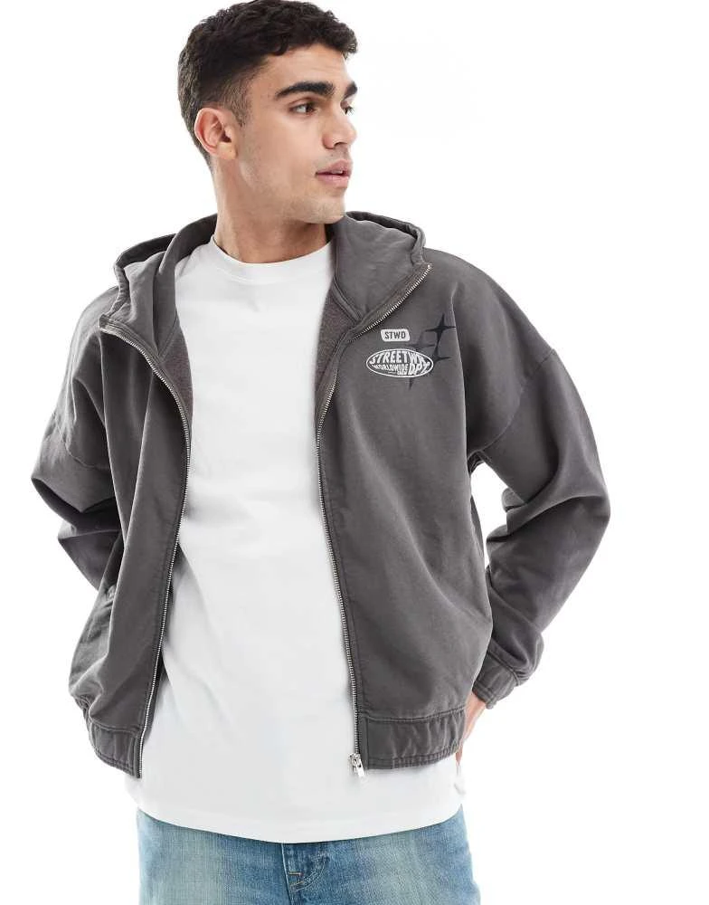 Pull&Bear Pull&Bear zip through STWD hoodie in charcoal 1
