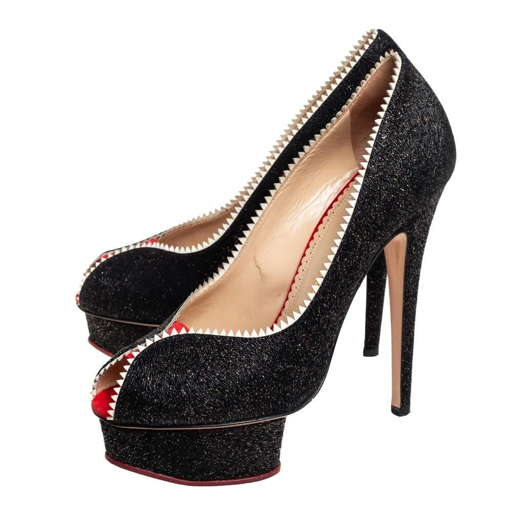 Charlotte Olympia Charlotte Olympia Black Glitter And Patent Leather Scalloped Trim Peep Toe Platform Pumps Size 37.5 4